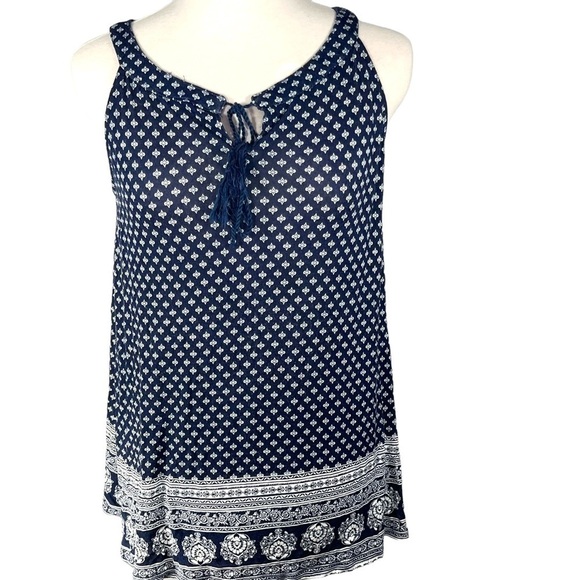Lily Morgan boho tank top boat neck damask navy blue white tassels Size S - Picture 12 of 13
